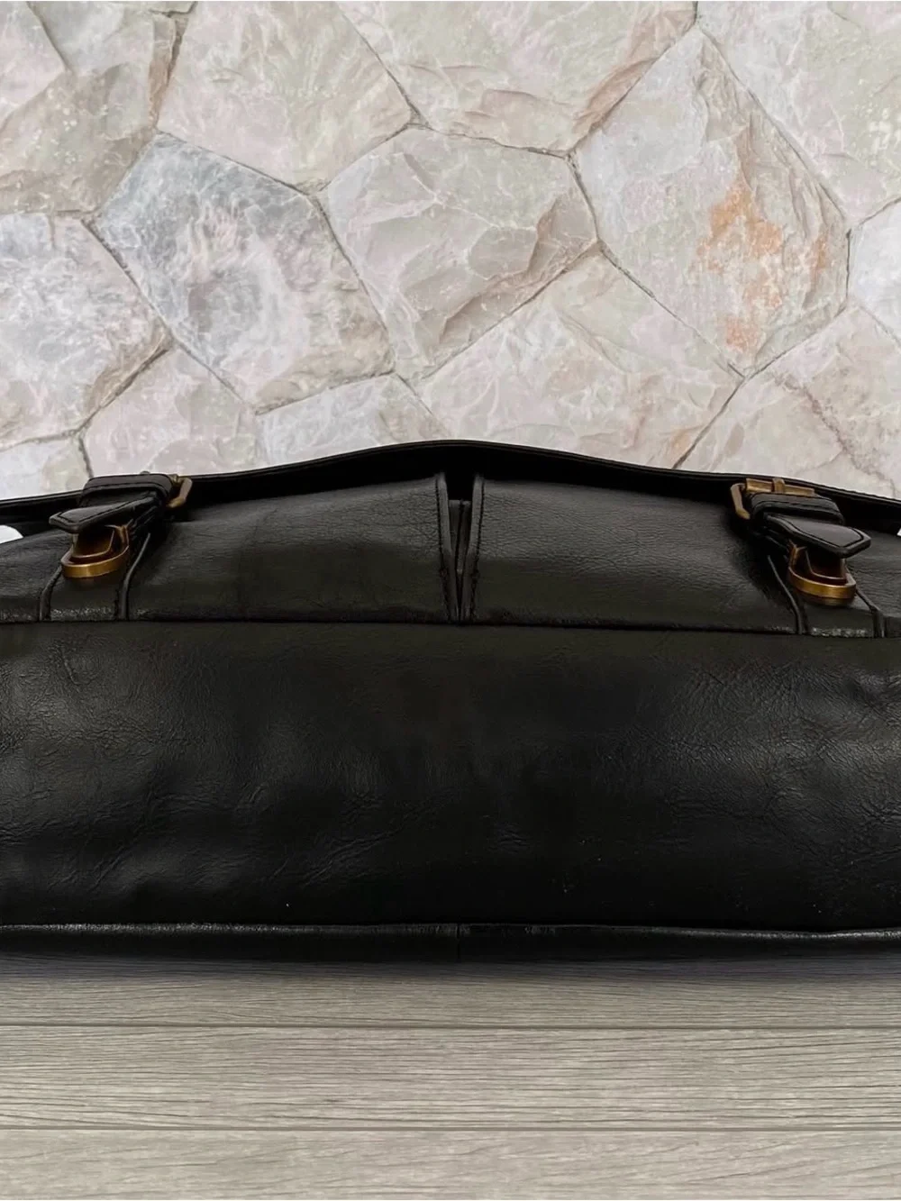 Fossil Black Leather Double-Buckle Messenger Bag